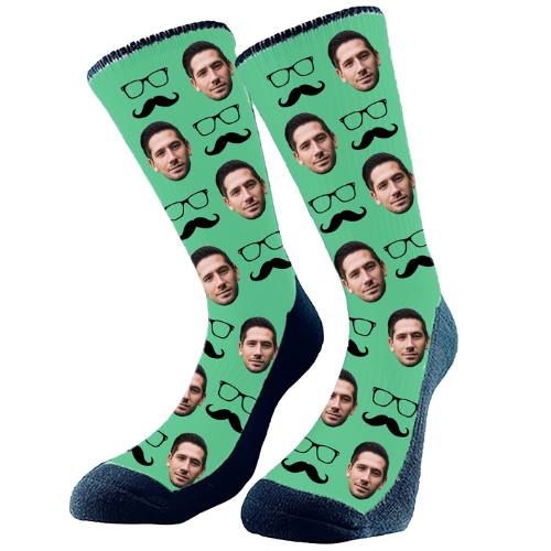 Moustache and glasses in a pattern and we add your favorite face to the custom socks. Customize and make just how you like!