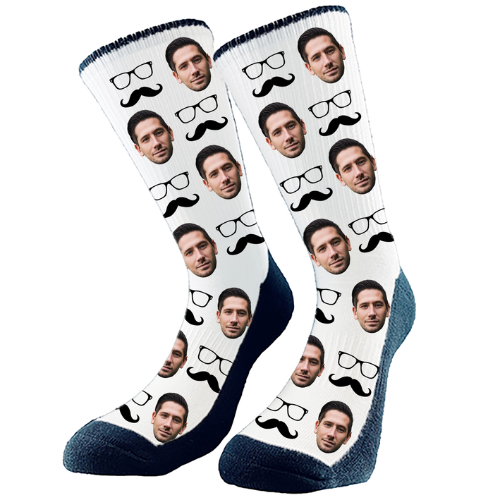 Moustache and glasses in a pattern and we add your favorite face to the custom socks. Customize and make just how you like!