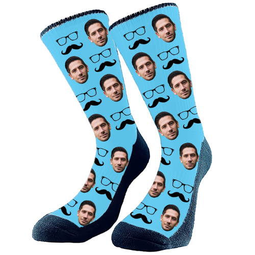 Moustache and glasses in a pattern and we add your favorite face to the custom socks. Customize and make just how you like!