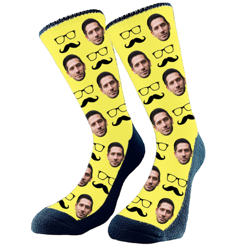 Moustache and glasses in a pattern and we add your favorite face to the custom socks. Customize and make just how you like!