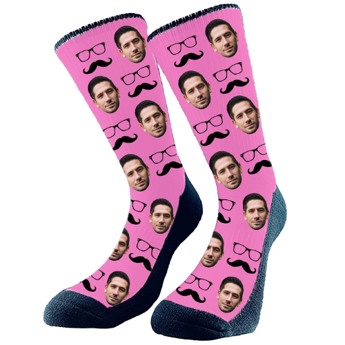 Moustache and glasses in a pattern and we add your favorite face to the custom socks. Customize and make just how you like!