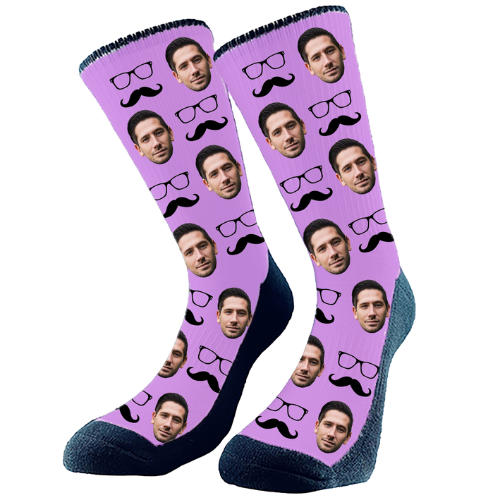 Moustache and glasses in a pattern and we add your favorite face to the custom socks. Customize and make just how you like!