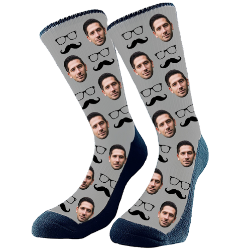 Moustache and glasses in a pattern and we add your favorite face to the custom socks. Customize and make just how you like!