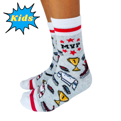 MVP Kids Socks. Trophies, skates, jerseys and MVP written on the top surrounded by red stars