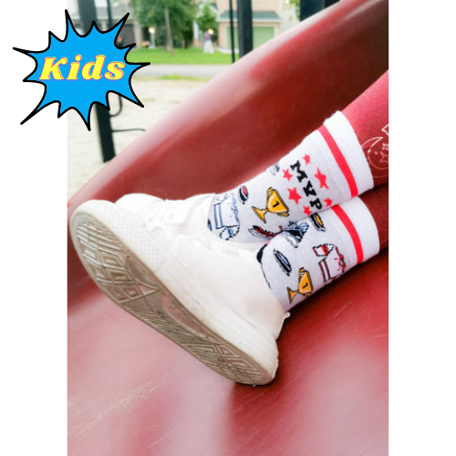 MVP Kids Socks. Trophies, skates, jerseys and MVP written on the top surrounded by red stars