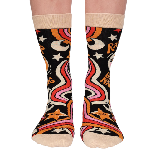 Custom 'Nap Time' socks with a cozy, relaxed design, perfect for lounging and taking a well-deserved nap.