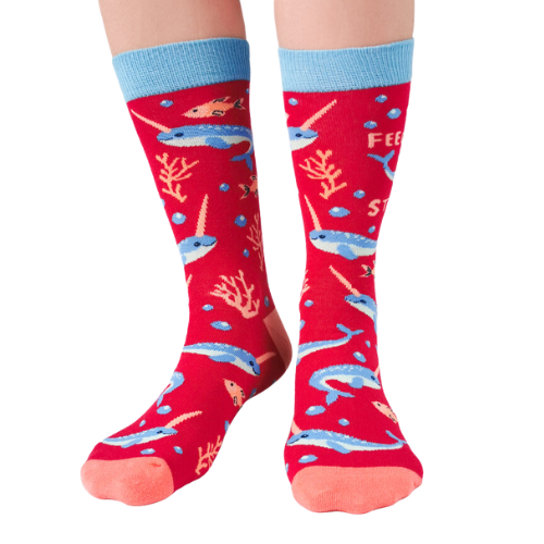 Fish and Narwhal's swimming with red back ground, peach toes, heal and blue top elastic.