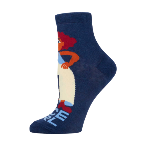 A pair of fierce Blue Q socks featuring the phrase 'No More Mr. Nice Girl' in bold lettering with stylish, empowering graphics.
