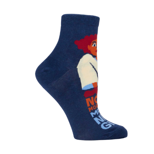 A pair of fierce Blue Q socks featuring the phrase 'No More Mr. Nice Girl' in bold lettering with stylish, empowering graphics.