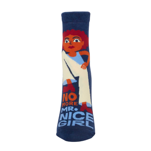 A pair of fierce Blue Q socks featuring the phrase 'No More Mr. Nice Girl' in bold lettering with stylish, empowering graphics.