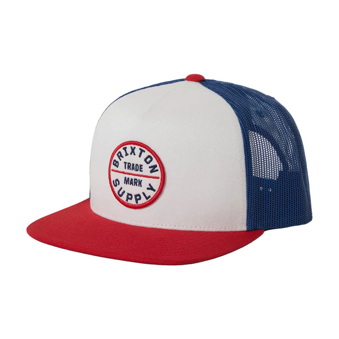 Brixton Oath trucker hat in white, midnight blue and adrenaline rush