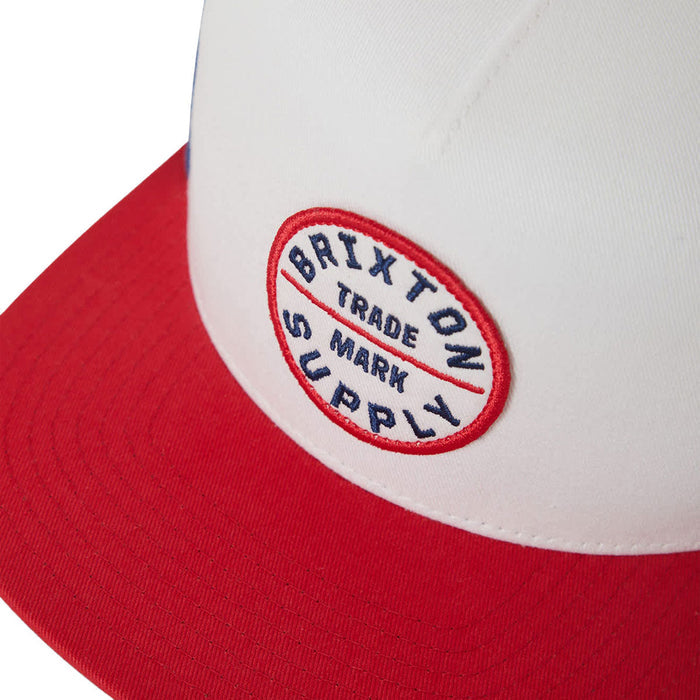 Brixton Oath trucker hat in white, midnight blue and adrenaline rush, alternate product view