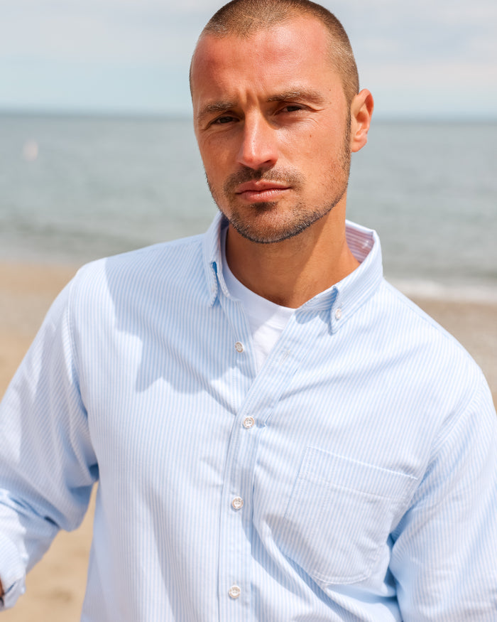 Made in Canada 100% Cotton Oxford  Stripe Button Down Shirt Light Blue - Unisex - Province of Canada
