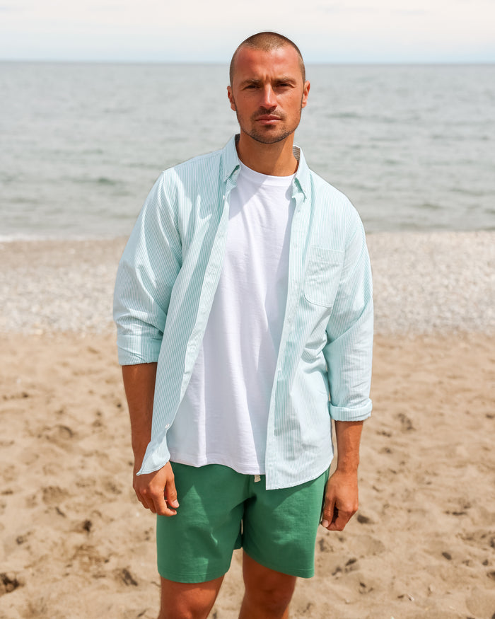 Made in Canada 100% Cotton Oxford  Stripe Button Down Shirt Green - Unisex - Province of Canada