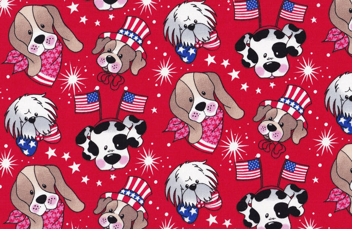 Patriotic Pups on Red Dogs 100% Cotton Fabric Price Per Yard