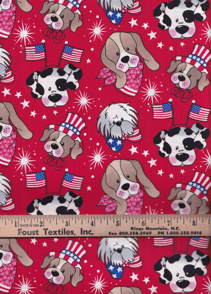 Patriotic Pups on Red Dogs 100% Cotton Fabric Price Per Yard