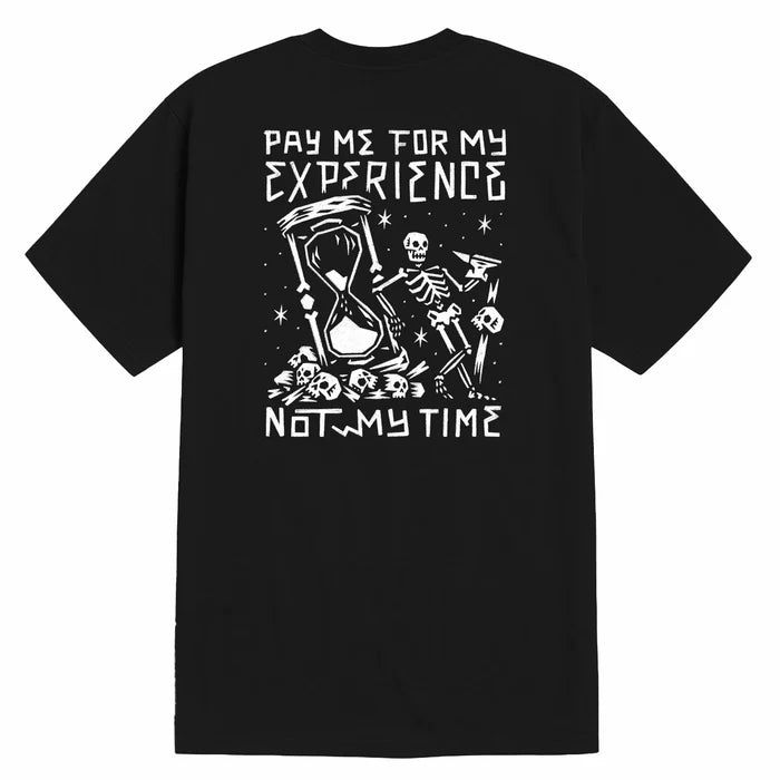 Back view of the Troll Co. Pay Me Hourglass graphic t-shirt in black