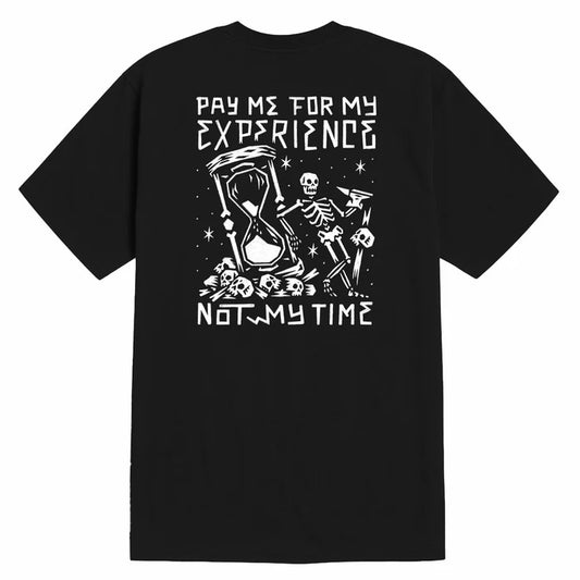 Back view of the Troll Co. Pay Me Hourglass graphic t-shirt in black