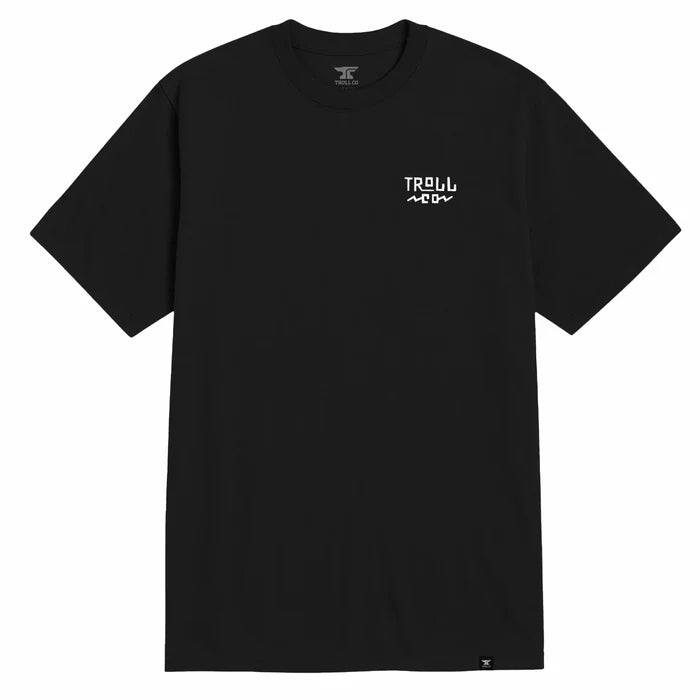 Front view of the Troll Co. Pay Me Hourglass graphic t-shirt in black