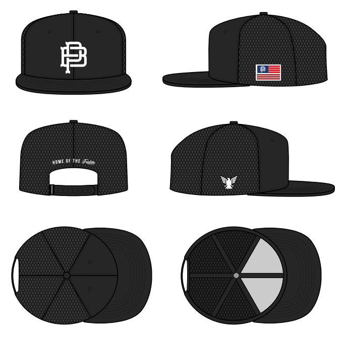 PB Crest flat brim mesh back snapback cap in black, additional product view of the crown