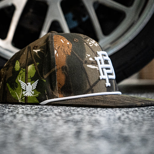 PB Crest rope snapback cap in camo, additional product view of the crown and rope detail