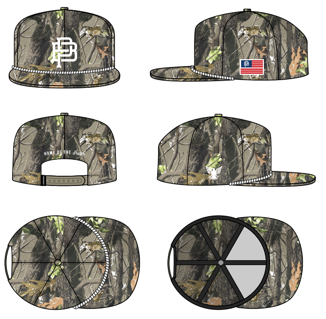 PB Crest flat brim rope snapback cap in camo, further product view of the headwear