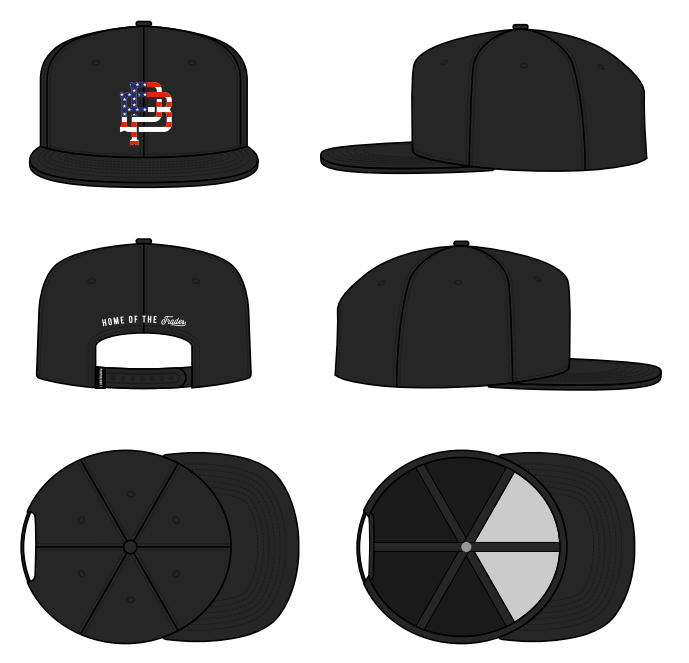 PB USA Crest flat brim snapback hat in black, main product view of the embroidered crest