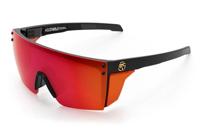 Heat Wave Visual Performance Lazer Face ANSI Z87+ safety sunglasses in matte black with polarized firestorm red and orange lens and side shields