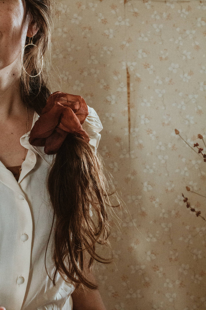 Plant dyed Plastic free ORGANZA silk scrunchy