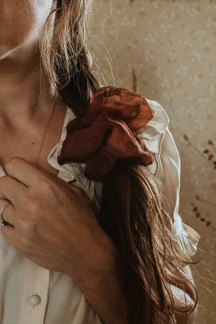 Plant dyed Plastic free ORGANZA silk scrunchy