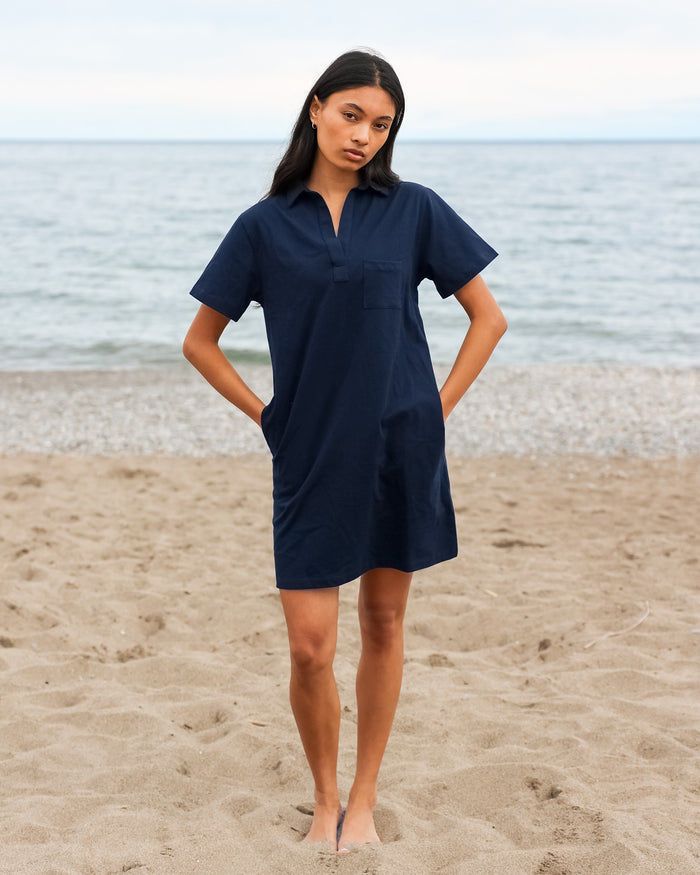 Made in Canada 100% Cotton Popover Dress Navy Blue - Province of Canada