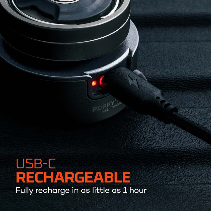 Feature graphic for the Nebo Poppy Puck light, indicating it is rechargeable