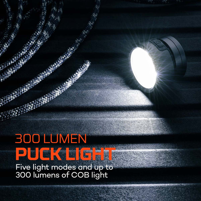 Feature graphic for the Nebo Poppy Puck light, illustrating the puck light design