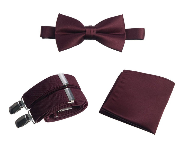 Pre - tied Satin Bow Tie & Pocket Square with Adjustable Stretch Elastic Suspender - Tuxgear