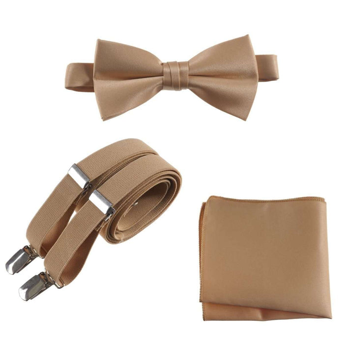 Pre - tied Satin Bow Tie & Pocket Square with Adjustable Stretch Elastic Suspender - Tuxgear