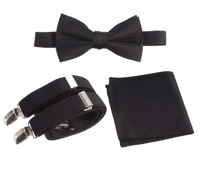 Pre - tied Satin Bow Tie & Pocket Square with Adjustable Stretch Elastic Suspender - Tuxgear