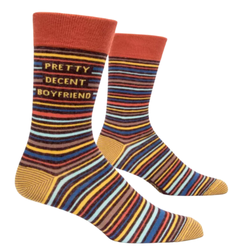 Horizontal warm line pattern. Writing Pretty Decent Boyfriend on the outside top part of the socks.