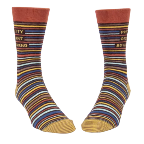Horizontal warm line pattern. Writing Pretty Decent Boyfriend on the outside top part of the socks.
