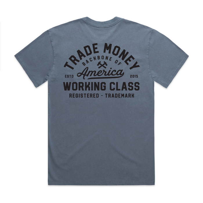 Trade Money Property of Work heavy short-sleeve graphic t-shirt in faded indigo, available in big and tall sizes