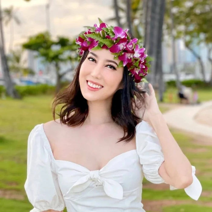 Traditional Hawaiian Purple orchid haku lei po'o flower crown for weddings & Graduations.