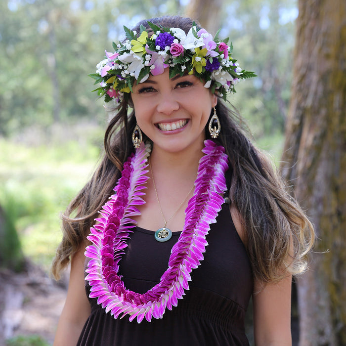 Colorful haku lei po'o flower crown for graduation and weddings