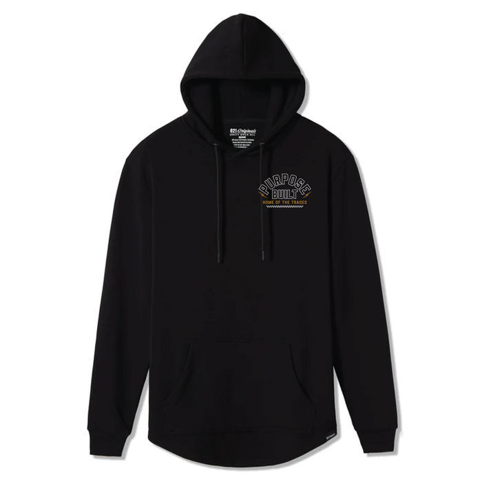 Purpose-Built Customs drop tail hooded sweatshirt in black, available in big and tall sizes