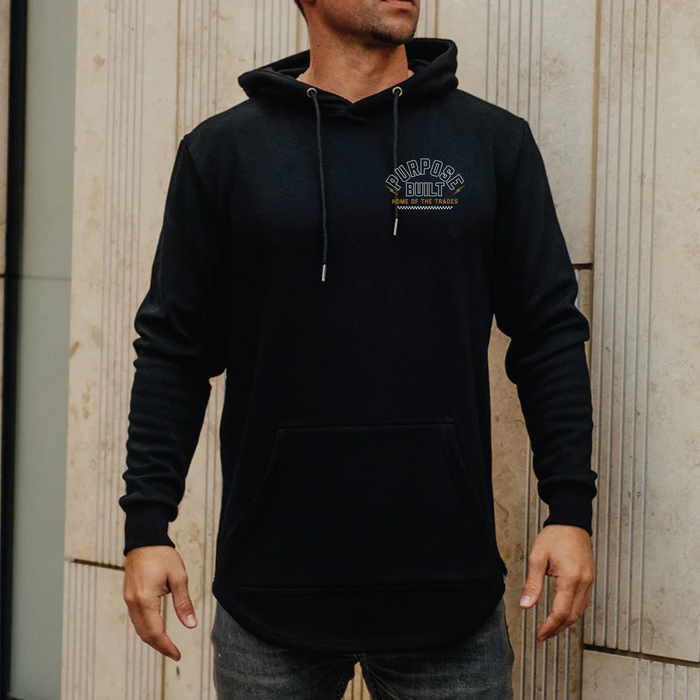 Purpose-Built Customs drop tail hoodie in black, alternate view of the graphic sweatshirt