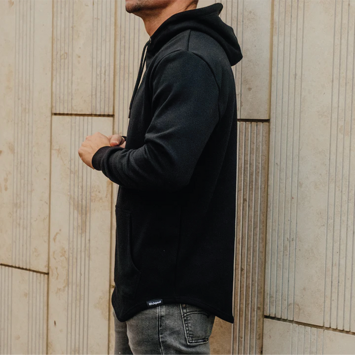 Purpose-Built Customs drop tail hoodie in black, additional detail view of the garment