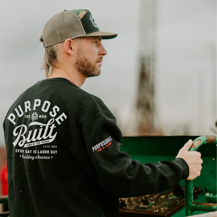 Purpose-Built script crewneck in black shown worn