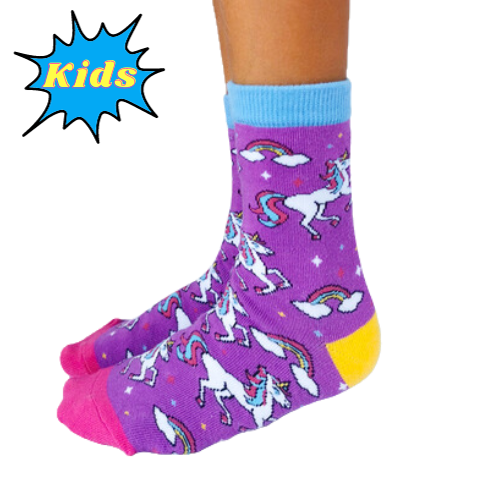 RAINBOWS AND UNICORNS SOCKS. Purple socks with rainbows and unicorns.