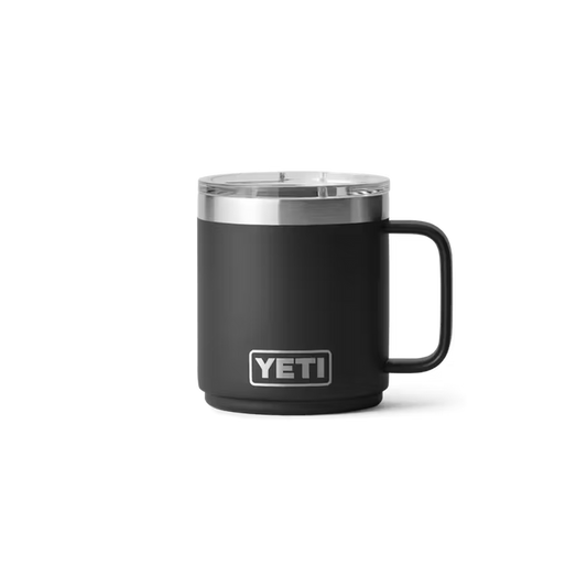 Rambler 10 oz insulated camp mug by Yeti in black, front view of the drinkware body