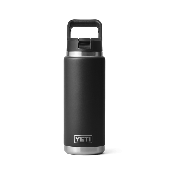 YETI Rambler 26 oz insulated water bottle in black with Straw Cap, front view