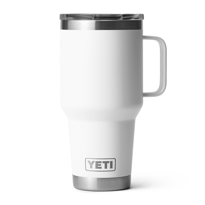 YETI Rambler 30 oz travel mug in white, front view with Stronghold lid and handle