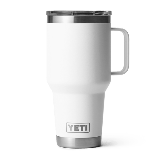 YETI Rambler 30 oz travel mug in white, front view with Stronghold lid and handle
